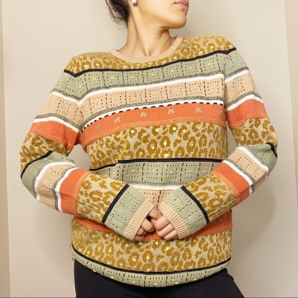 Retro Textured Knit Cheetah Animal Print Sweater Size PL